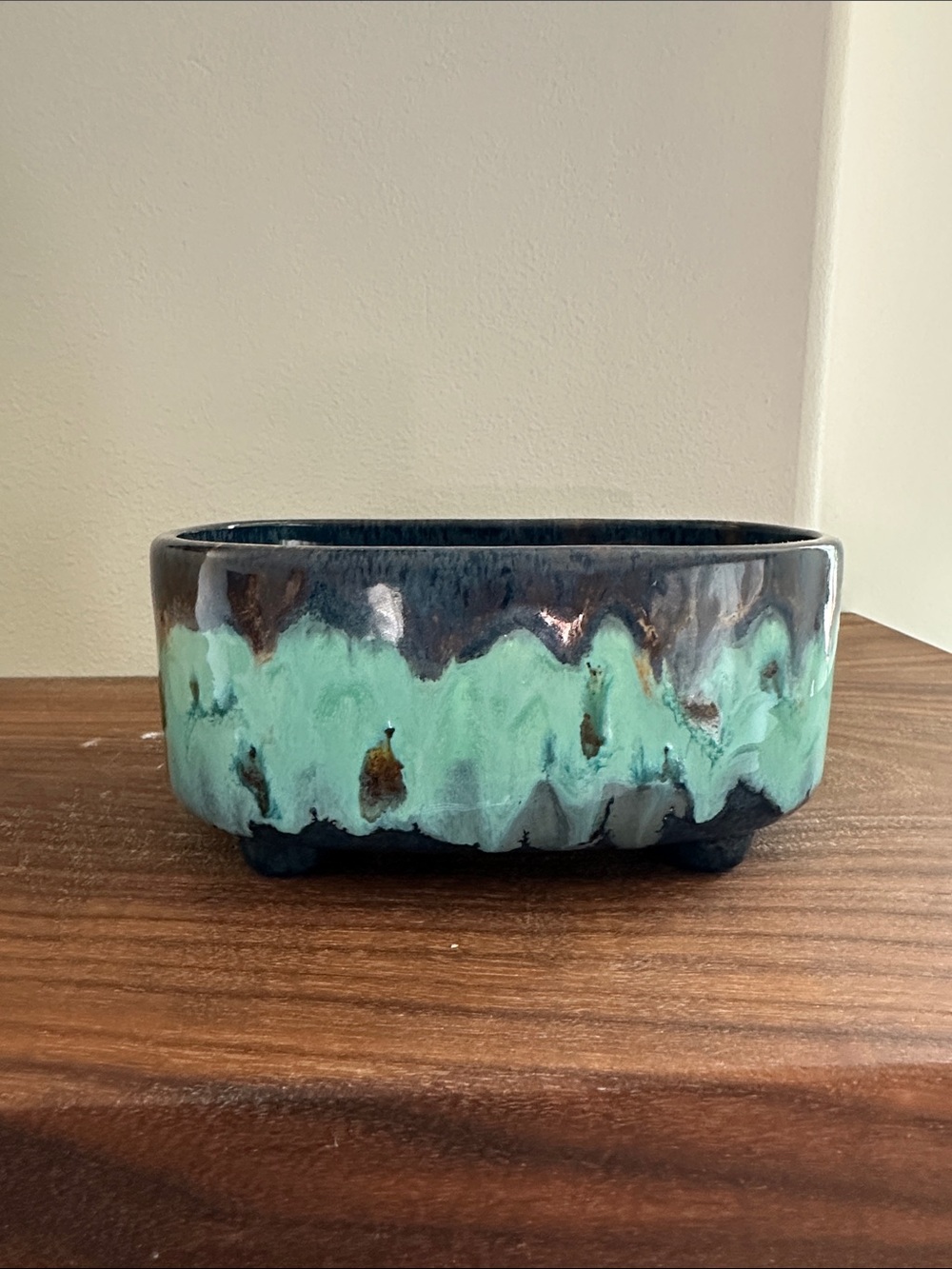 Vintage Ceramic Bonsai Planter Pot in Teal and Dark Brown - Home Art